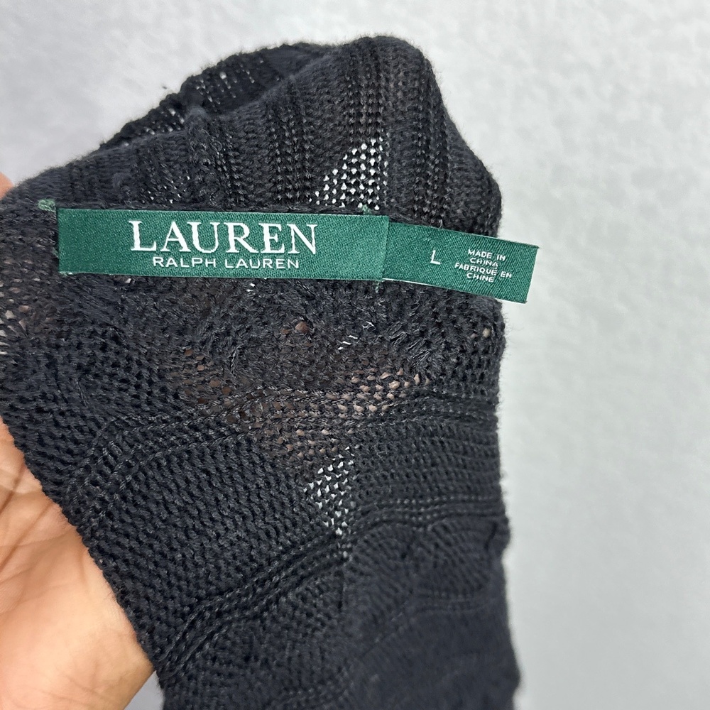 Lauren Ralph Lauren Cardigan Women L Black Cable Knit Cottagecore Boho Fisherman - Picture 8 of 11
